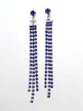 Vintage Cobalt Blue Rhinestone Tiered Dangle Earrings - Silver Tone Drop Fringe